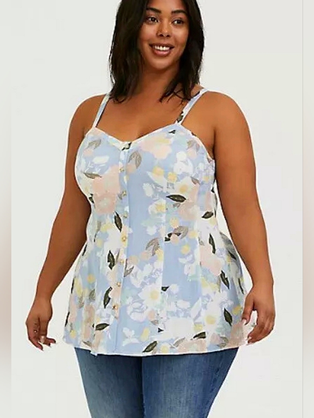 Torrid Blue Fog Floral Button Front Cami Romantic Tank โ Size 00 - M/L - Size 10 - Picture 3 of 17